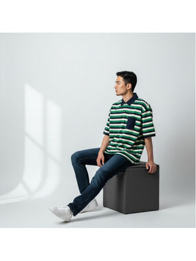 XL Men's EXTRACURRICULAR Polo Green Navy white Classic Striped Preppy Shirt